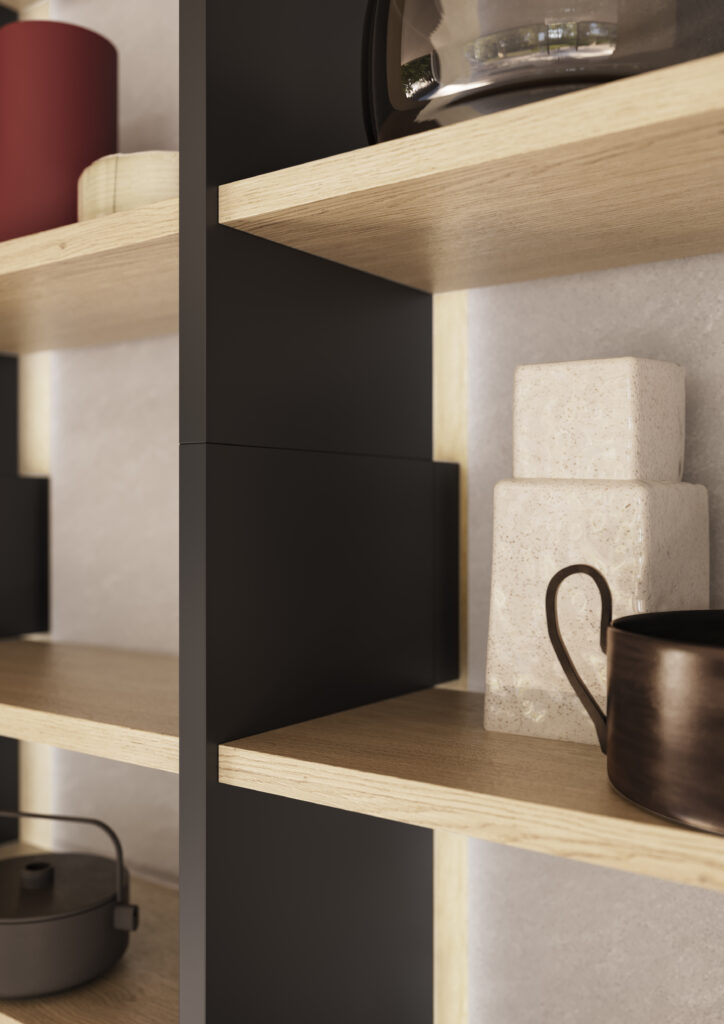 Oak shelving with hidden lighting